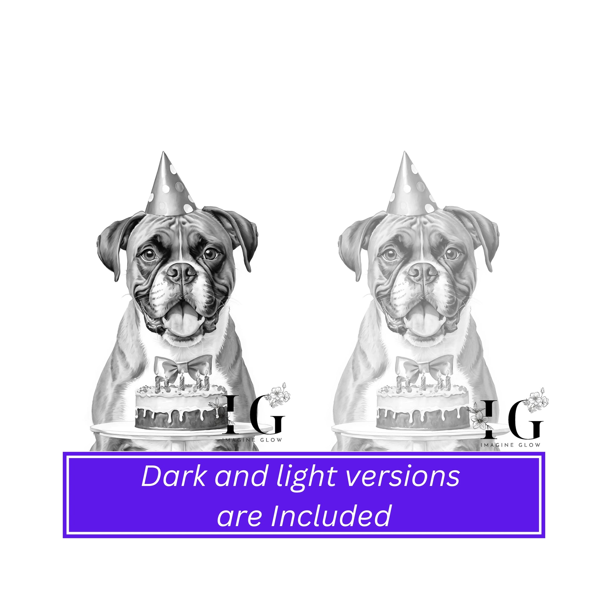 Printable coloring pages with 28 unique birthday dog illustrations