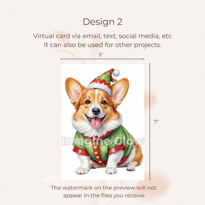 Printable festive Welsh Corgi dog Christmas card for holiday greetings.