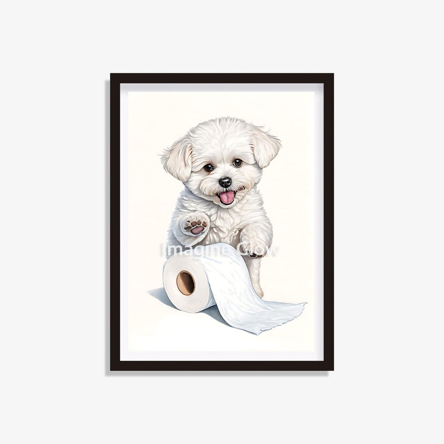 Printable funny bathroom wall decor featuring a Bichon Frise dog in the 