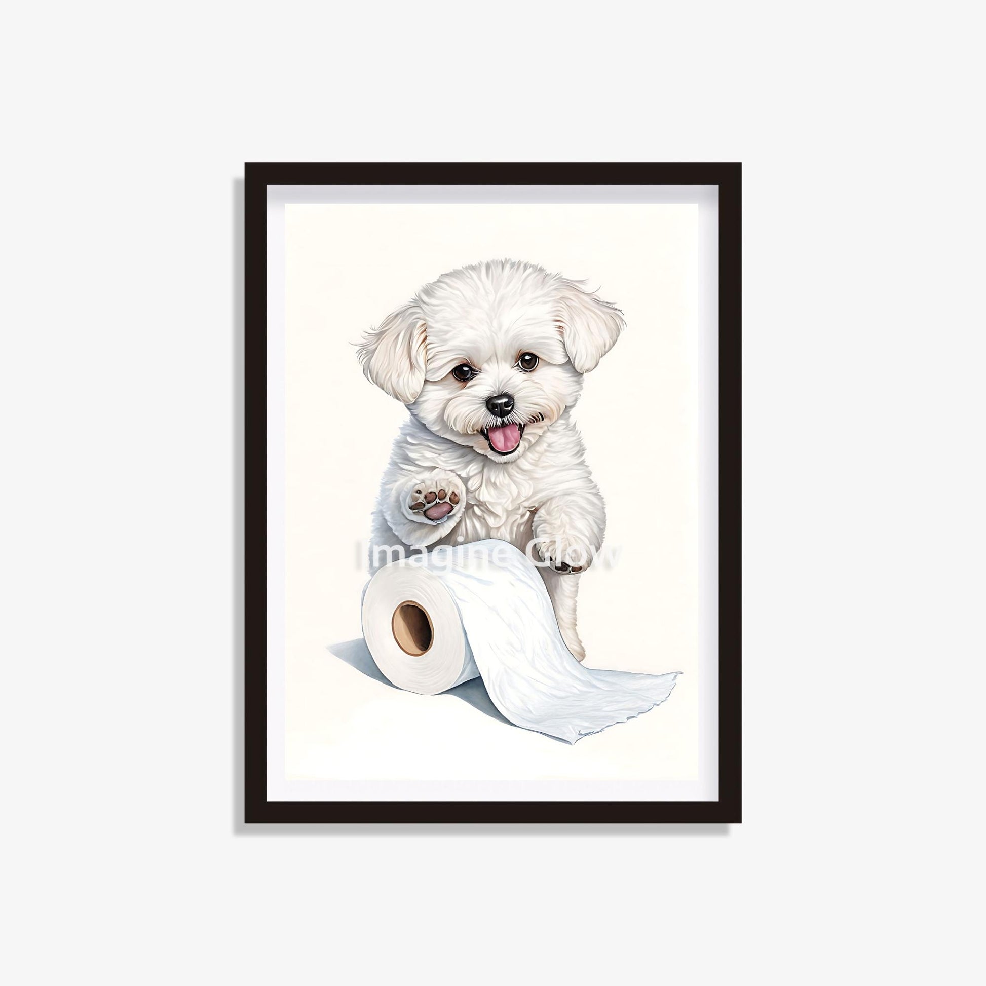 Printable funny bathroom wall decor featuring a Bichon Frise dog in the 