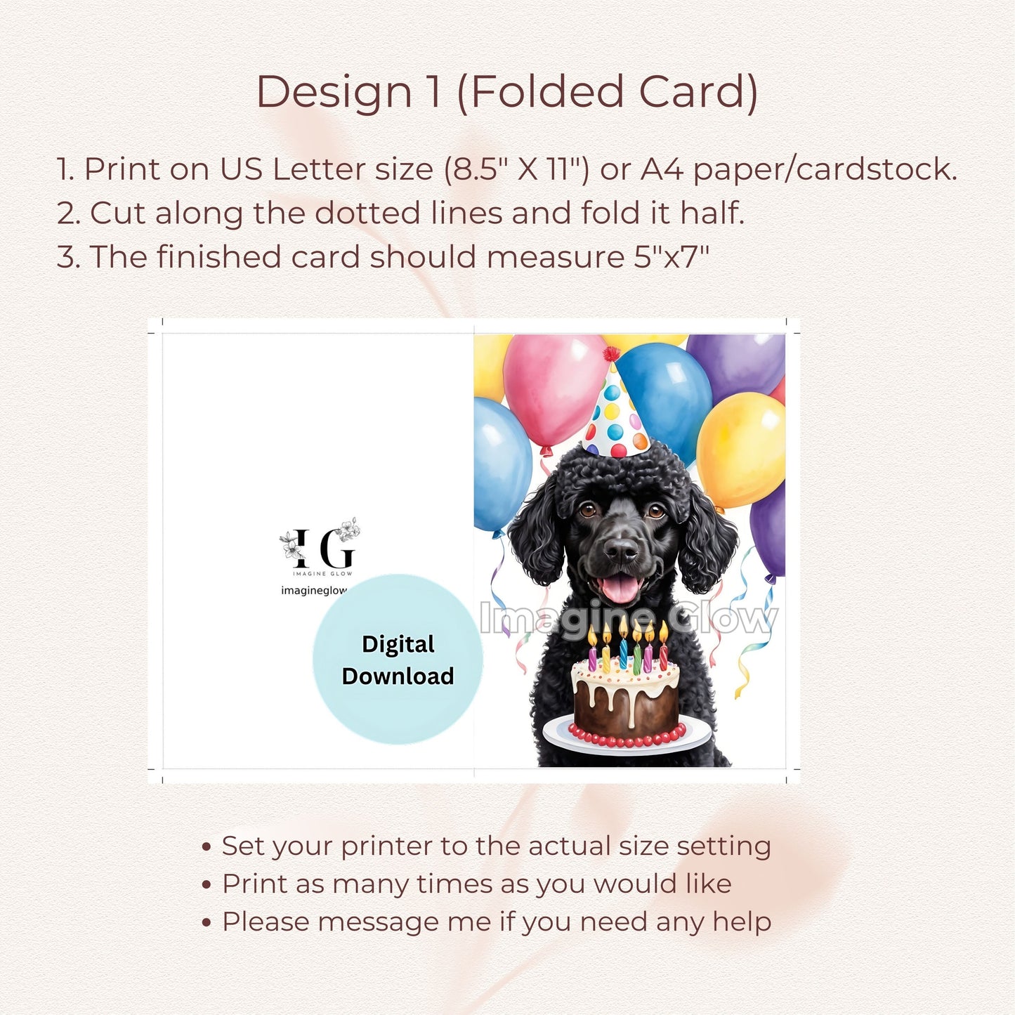 Printable greeting card featuring a Poodle for pet lovers.