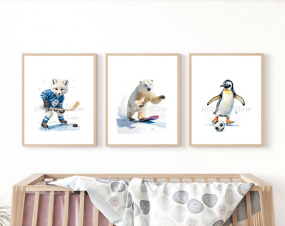 Printable nursery wall art featuring a set of 3 cute winter animals.
