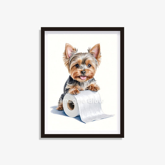 Printable wall art of a Yorkshire Terrier dog in a playful toilet scene