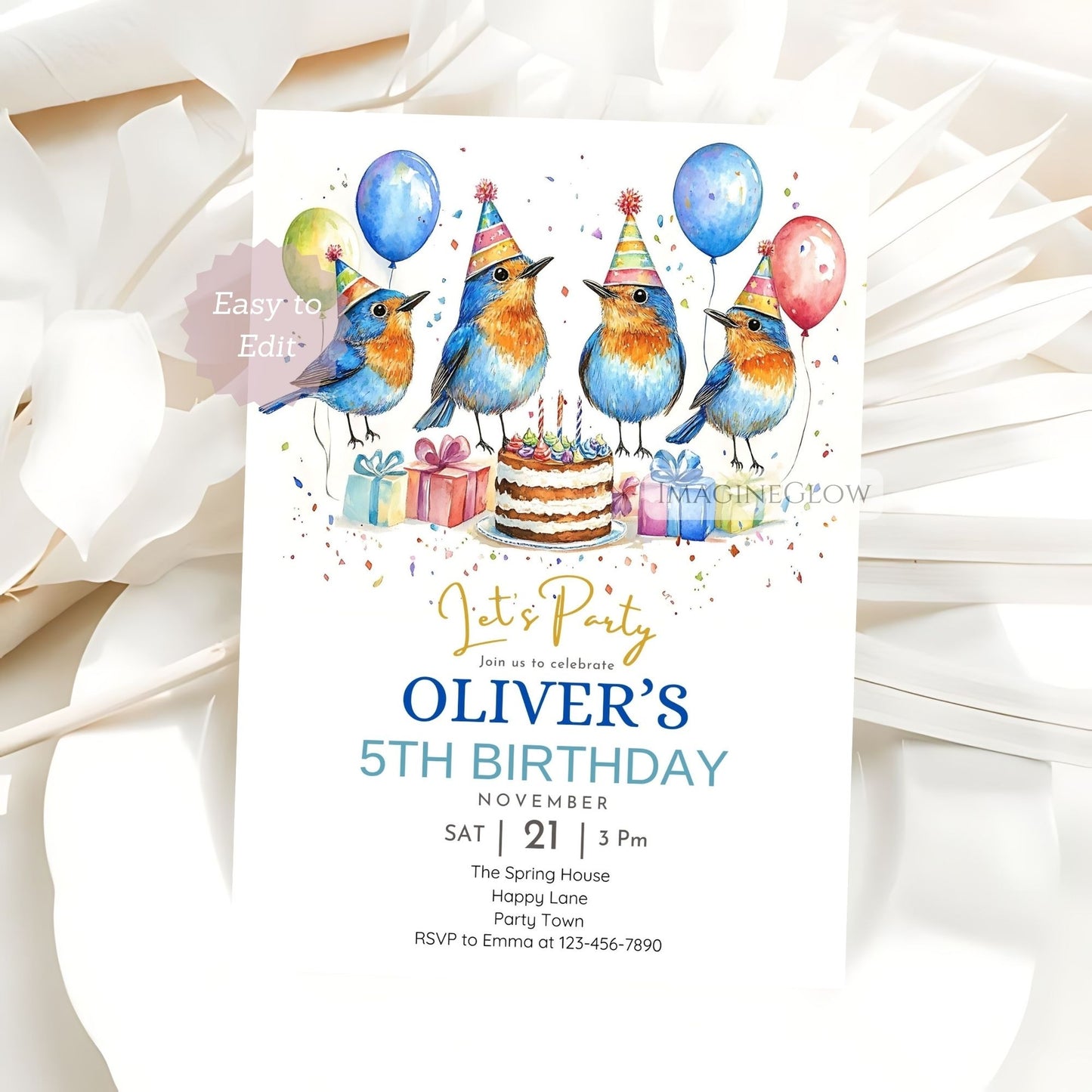 Printable bird birthday card for girls or boys

