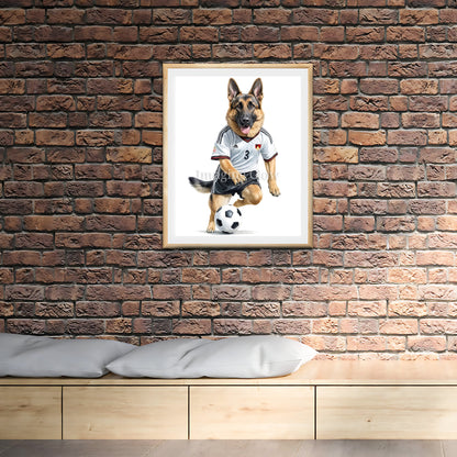 Fun soccer-themed wall decor featuring a German Shepherd