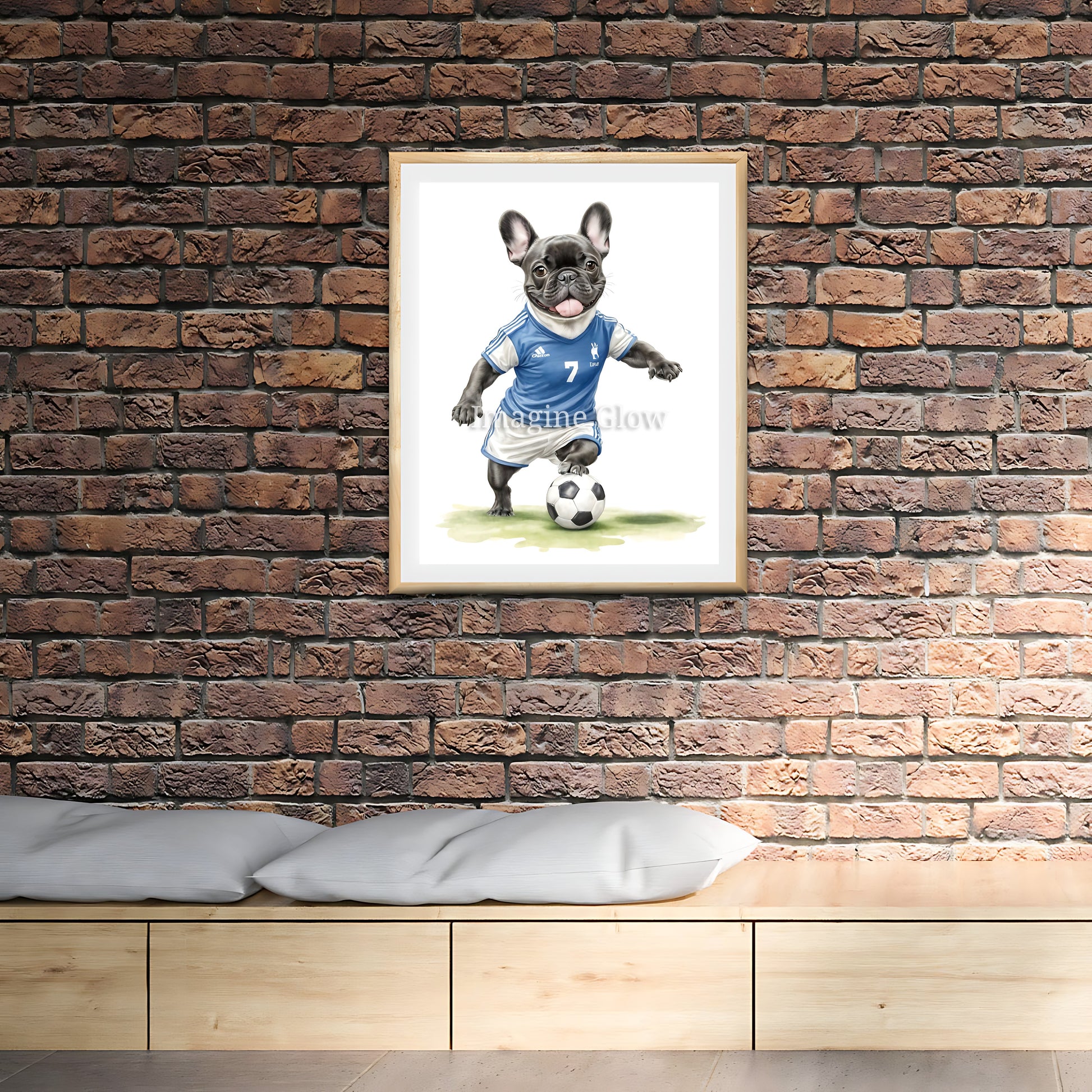 Humorous French Bulldog soccer decor adding a fun element to your space.