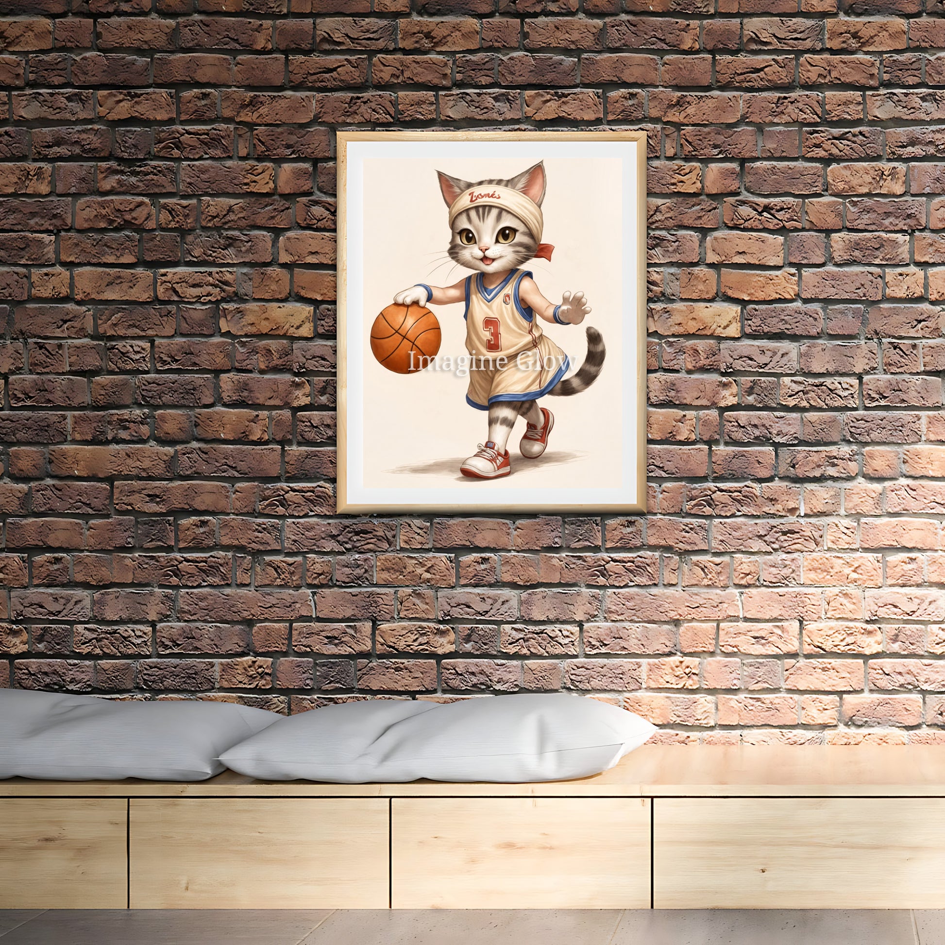 Whimsical cat basketball art print, designed to enhance your space with humor and charm.