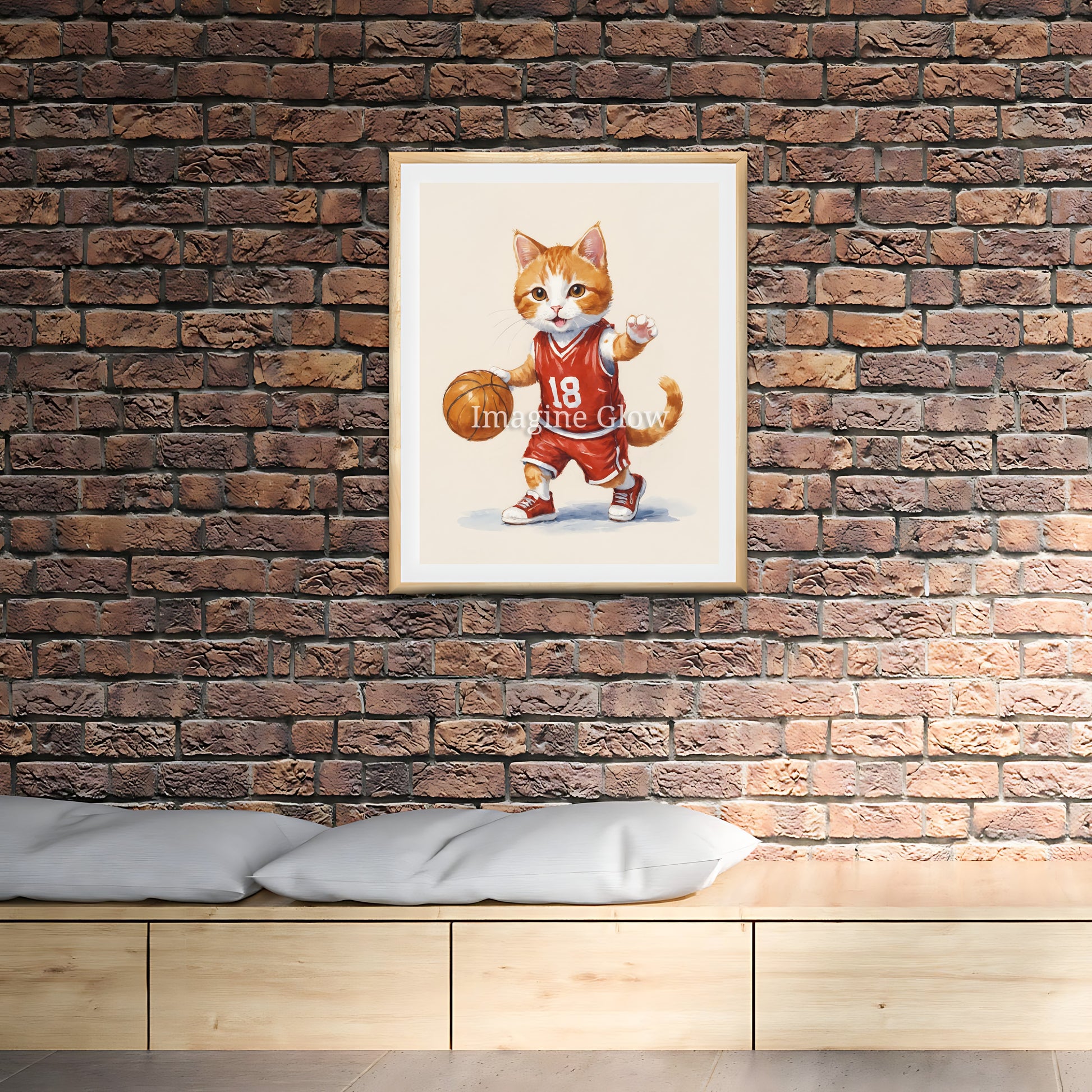 Printable animal sport decor featuring a cat in a basketball scene, great for fun-themed interiors.