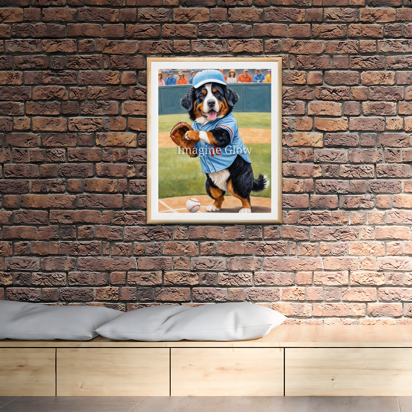 Sport-themed printable decor with a Bernese Mountain Dog playing baseball.