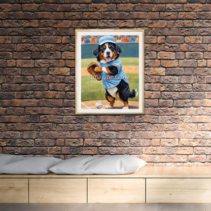 Sport-themed printable decor with a Bernese Mountain Dog playing baseball.