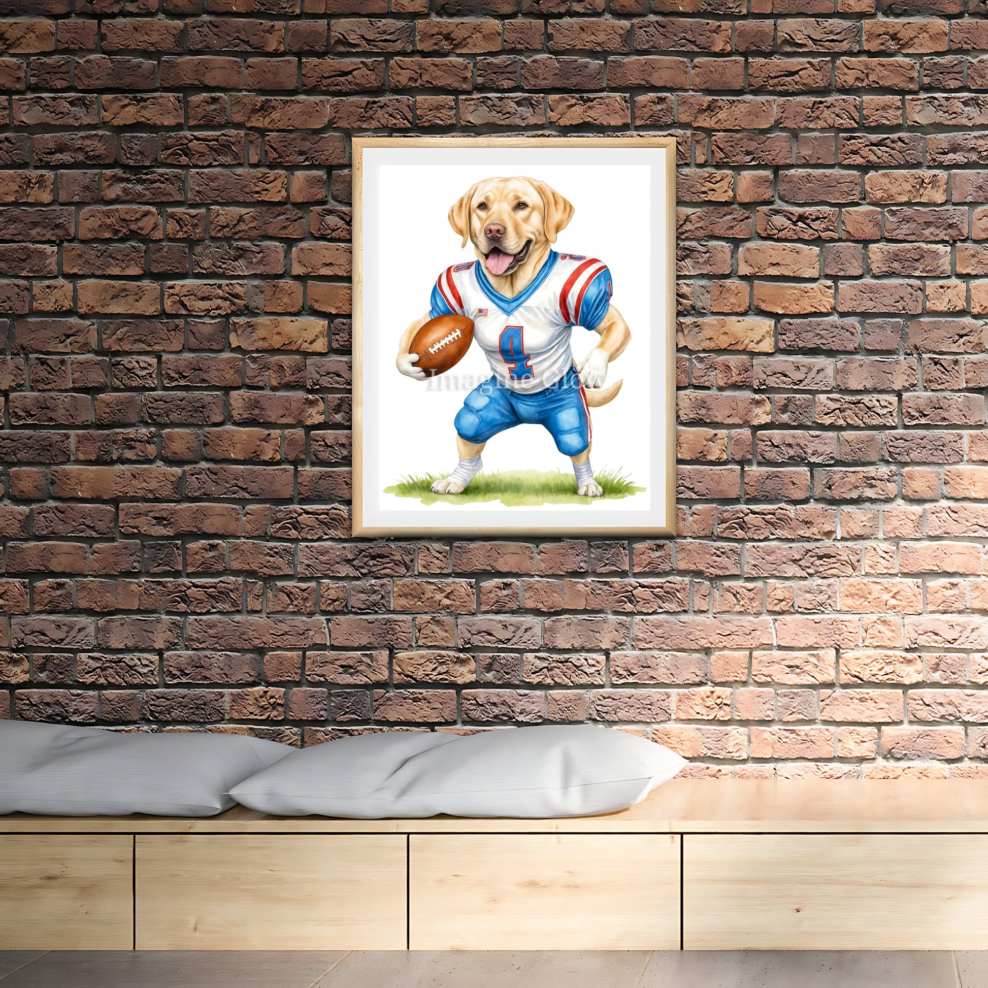 Printable football-themed wall art featuring a Labrador dog