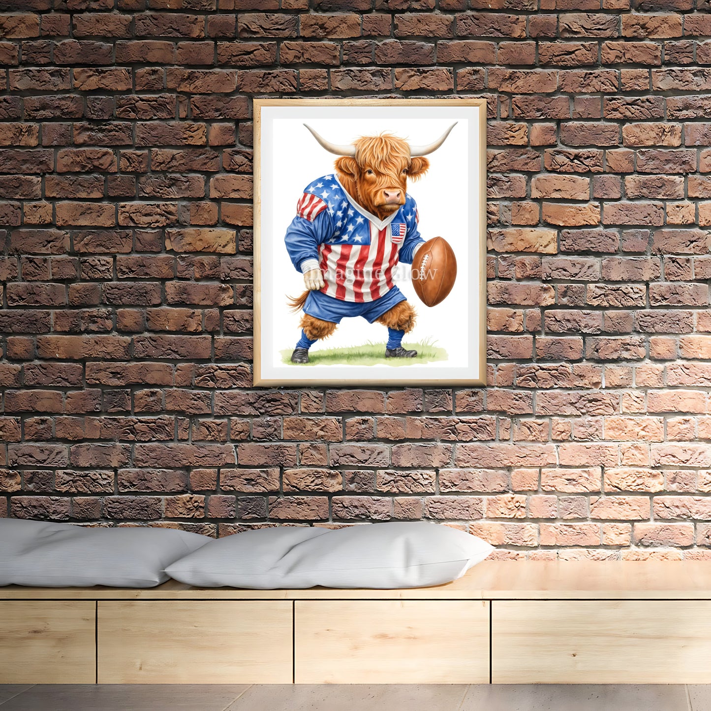 Funny Highland cow football illustration for sport decor