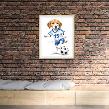 Dog football art featuring a Beagle ready to play soccer.
Humorous Beagle soccer artwork, perfect for sports lovers.