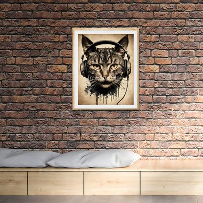 Cat music art print with a retro design for music lovers