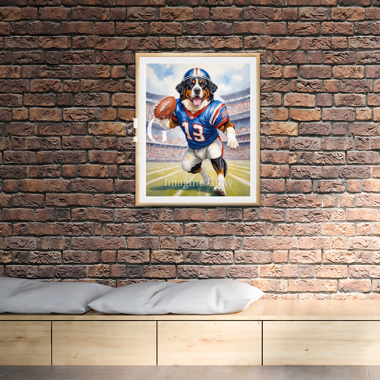 Funny Bernese Mountain Dog football-themed art for dog lovers.