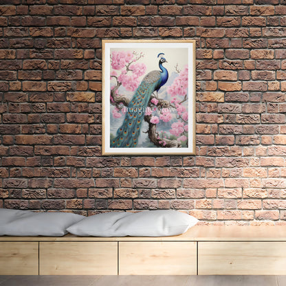 Printable wall art featuring a peacock and flowers