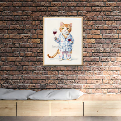 Printable Cat enjoying red wine artwork with a humorous design.