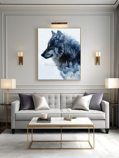 Artistic design combining a wolf and natural landscapes