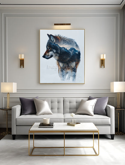 Beautiful winter-themed printable wolf art adding elegance to any space