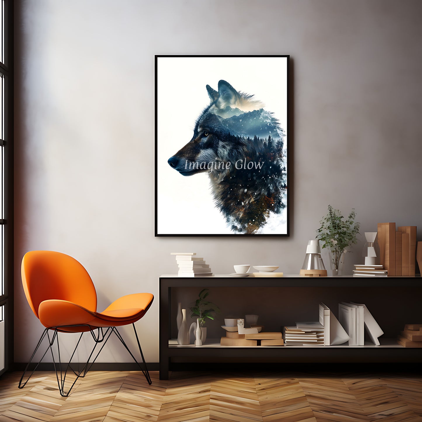 Printable wolf wall art featuring double exposure design