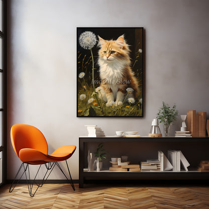 Elegant wall decor showcasing a cat with a dandelion, designed to enhance your space with charm.