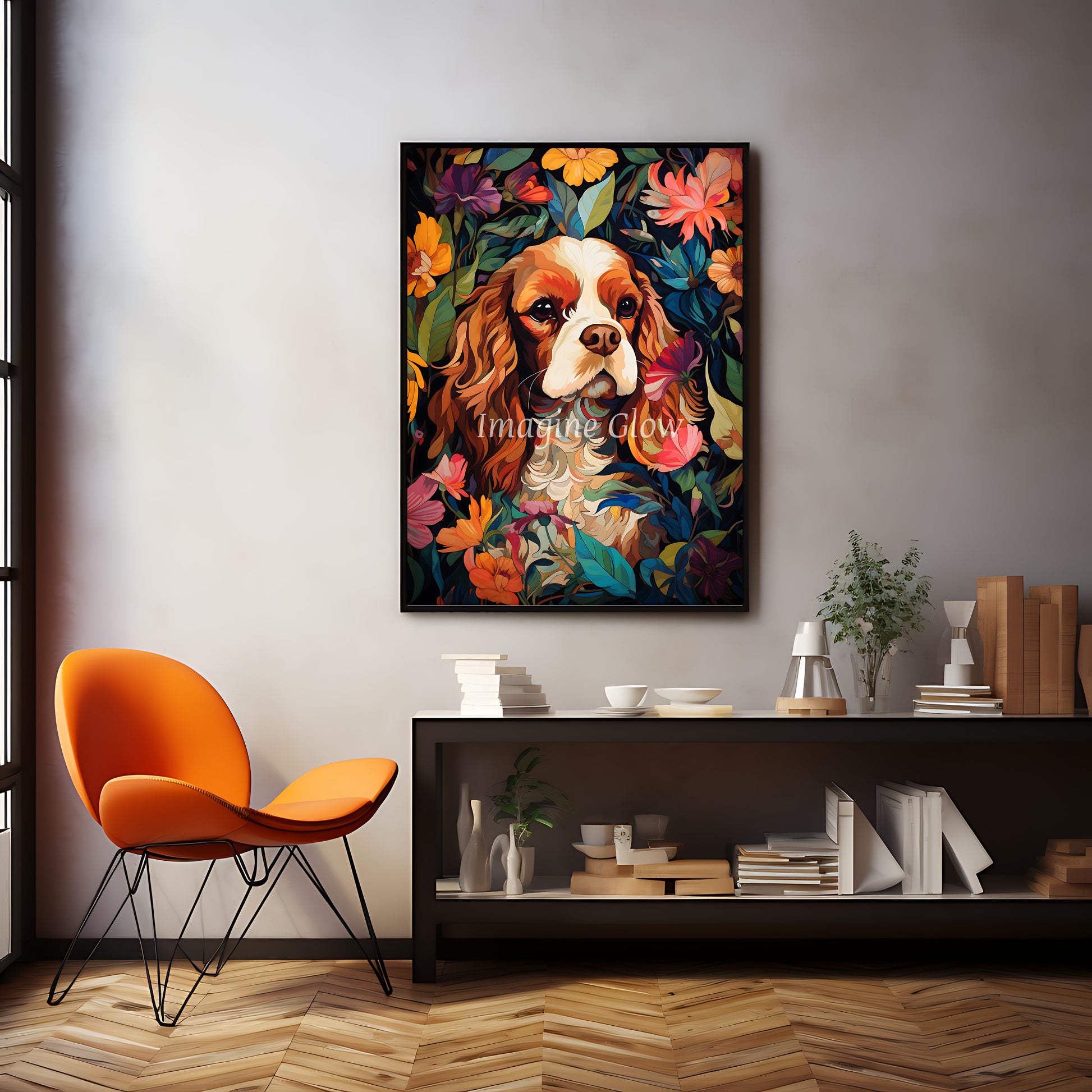 Printable wall art with a Cavalier King Charles Spaniel surrounded by floral elements.