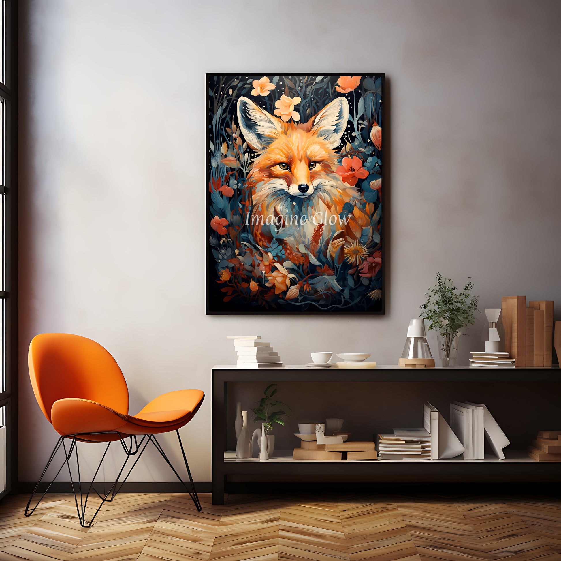 Beautiful fox illustration surrounded by colorful flowers