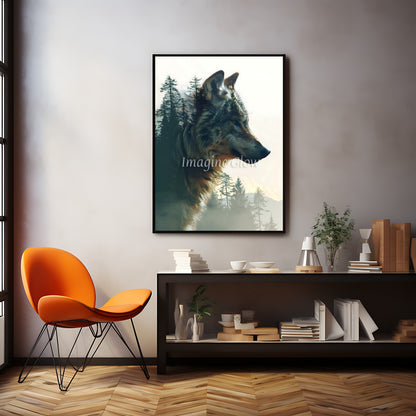 Artistic design featuring a wolf and natural landscapes