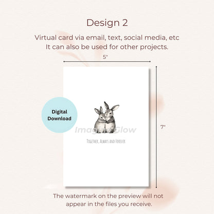 Printable card design with a pair of bunnies embracing, perfect for expressing love and support.