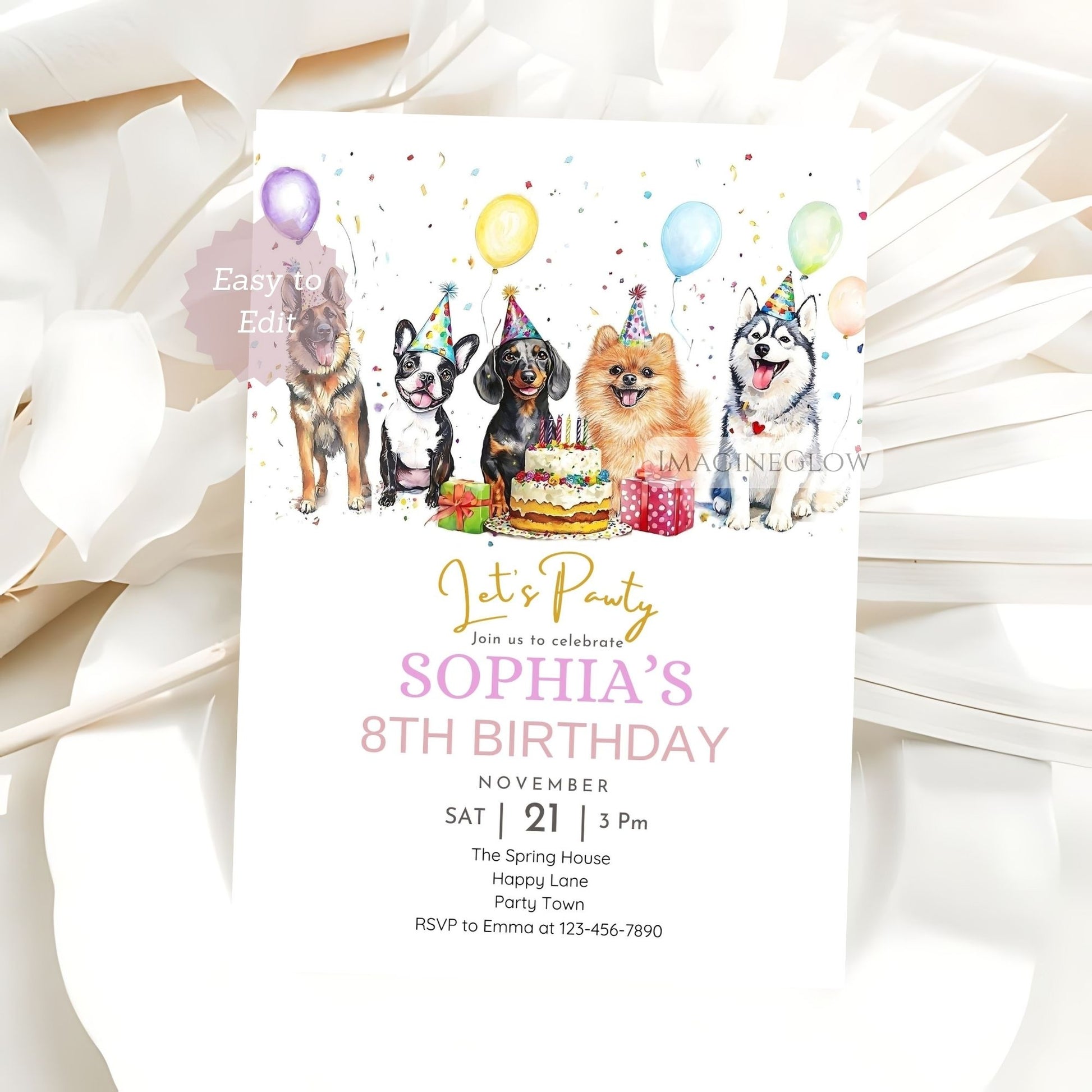 Printable dog birthday invite with pet illustrations
