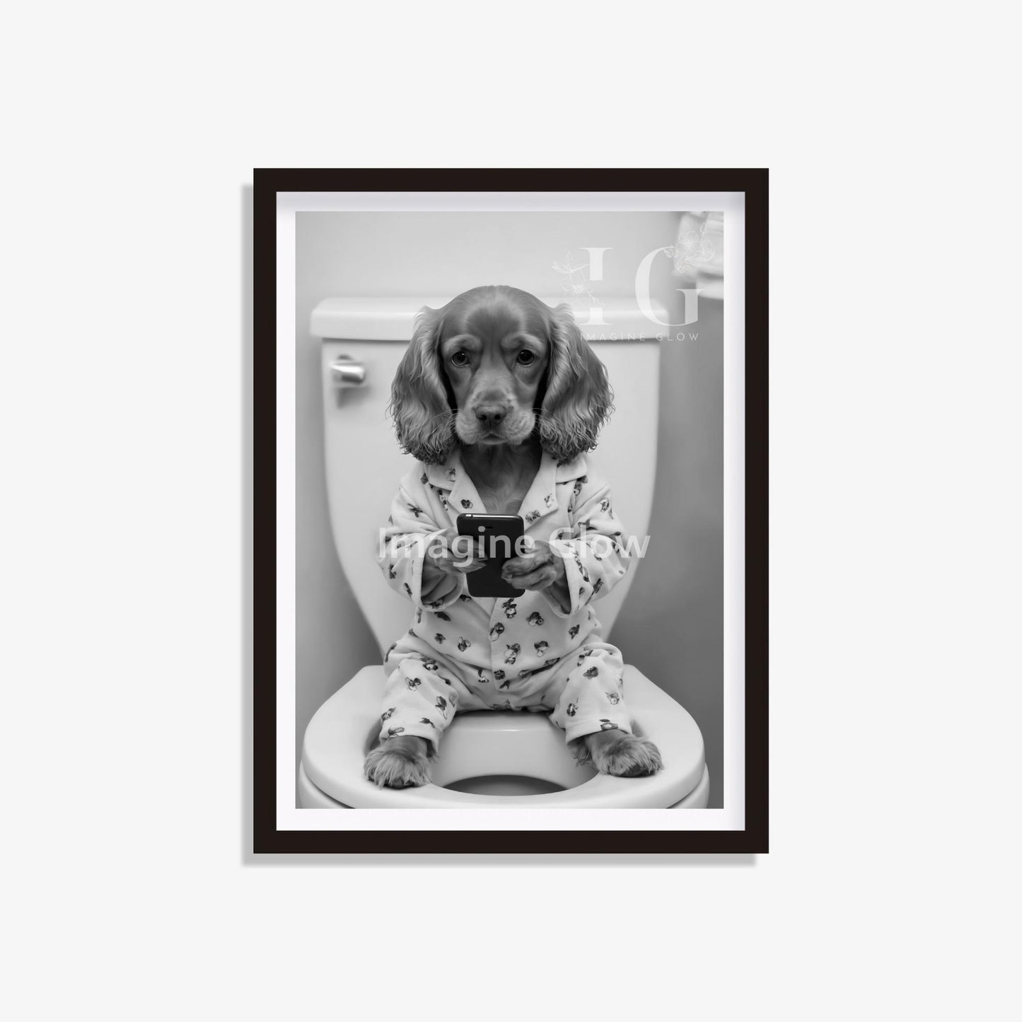 Quirky bathroom wall art featuring a Cocker Spaniel in a toilet