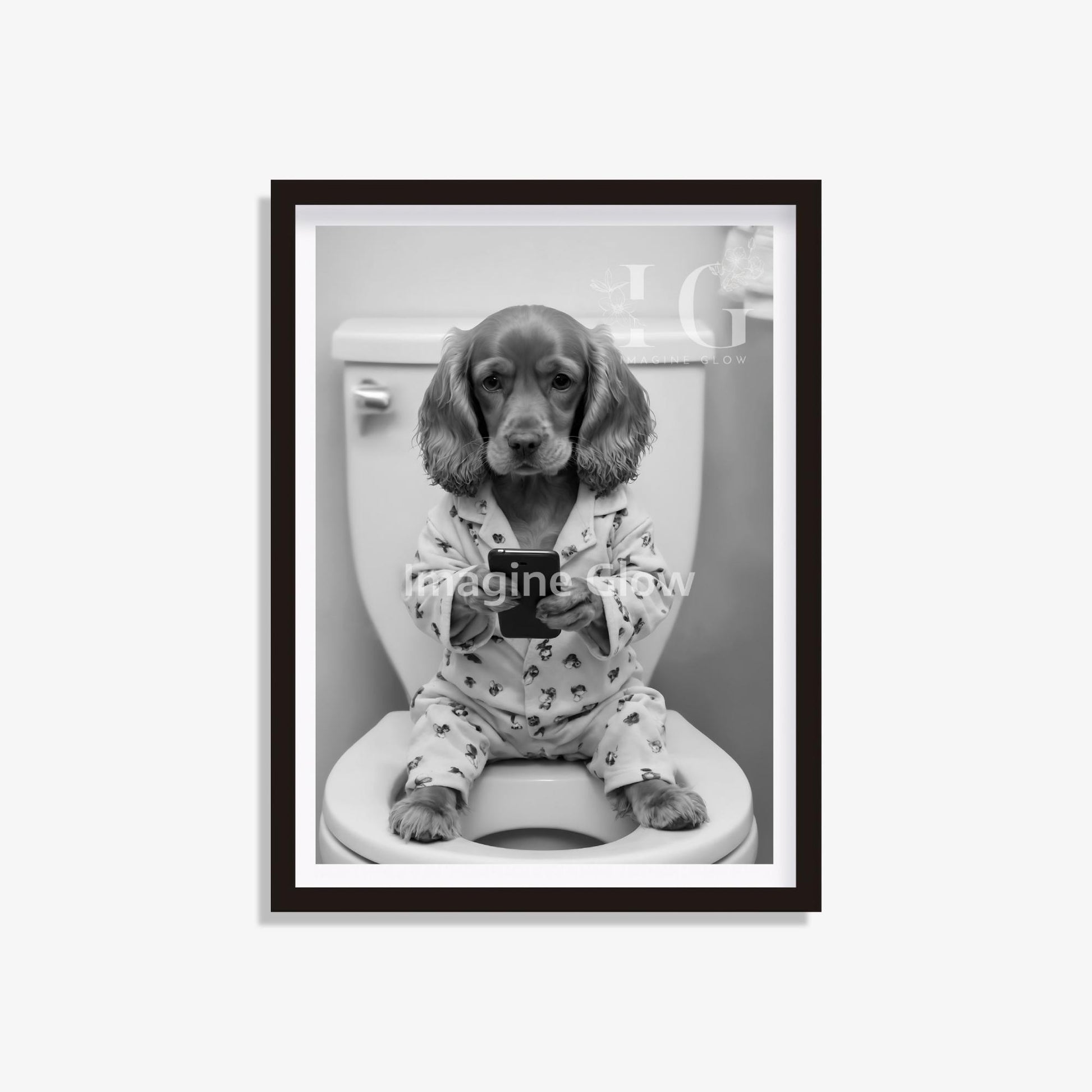 Quirky bathroom wall art featuring a Cocker Spaniel in a toilet