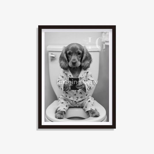 Quirky bathroom wall art featuring a Cocker Spaniel in a toilet