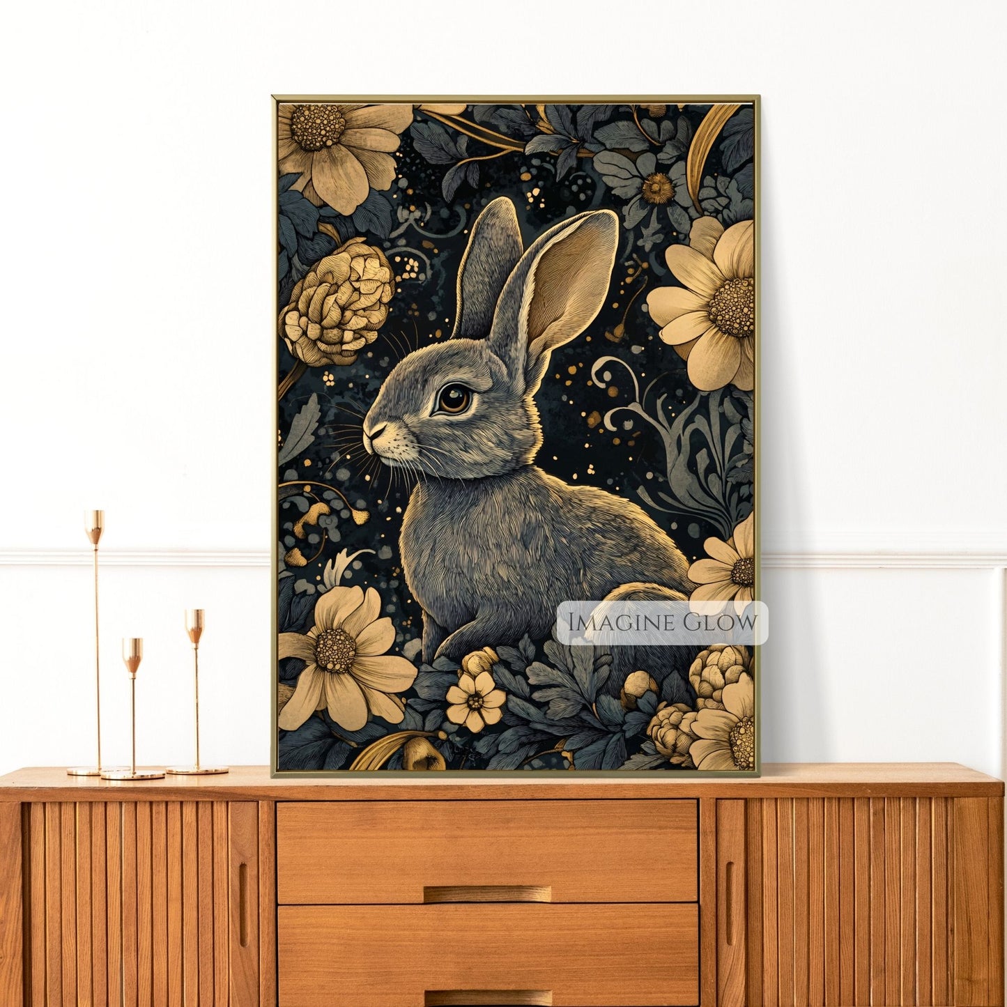 Floral bunny art with moody tones and nature-inspired elements