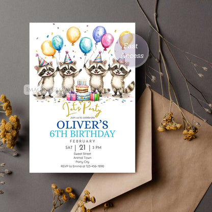 Boy’s raccoon birthday invite woodland theme
