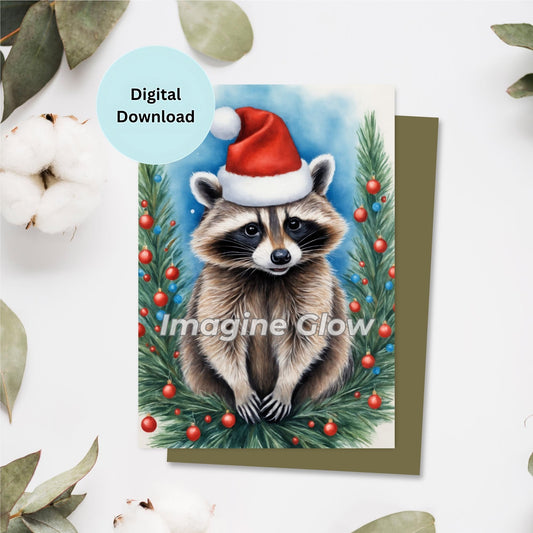 Raccoon Christmas Card - Printable Festive Animal Card