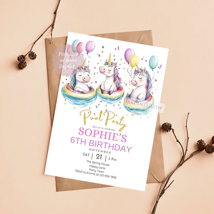 Unicorn birthday card with rainbow float and sun