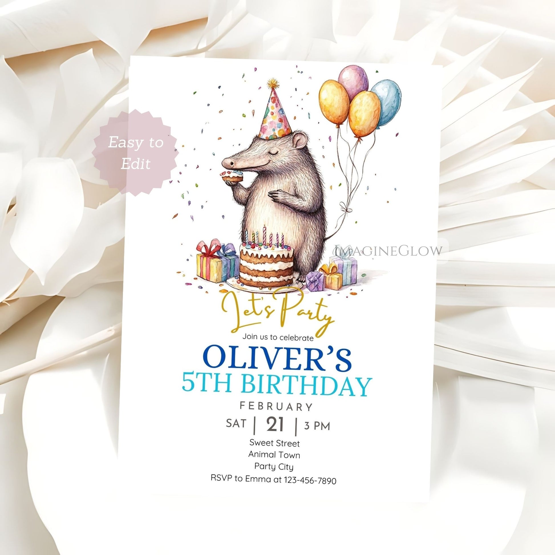 Rainforest themed party invite with anteater