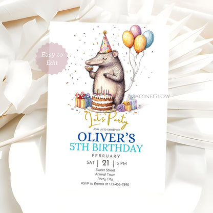 Rainforest themed party invite with anteater