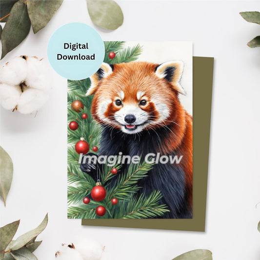 Red Panda Christmas Card - Printable Festive Animal Card