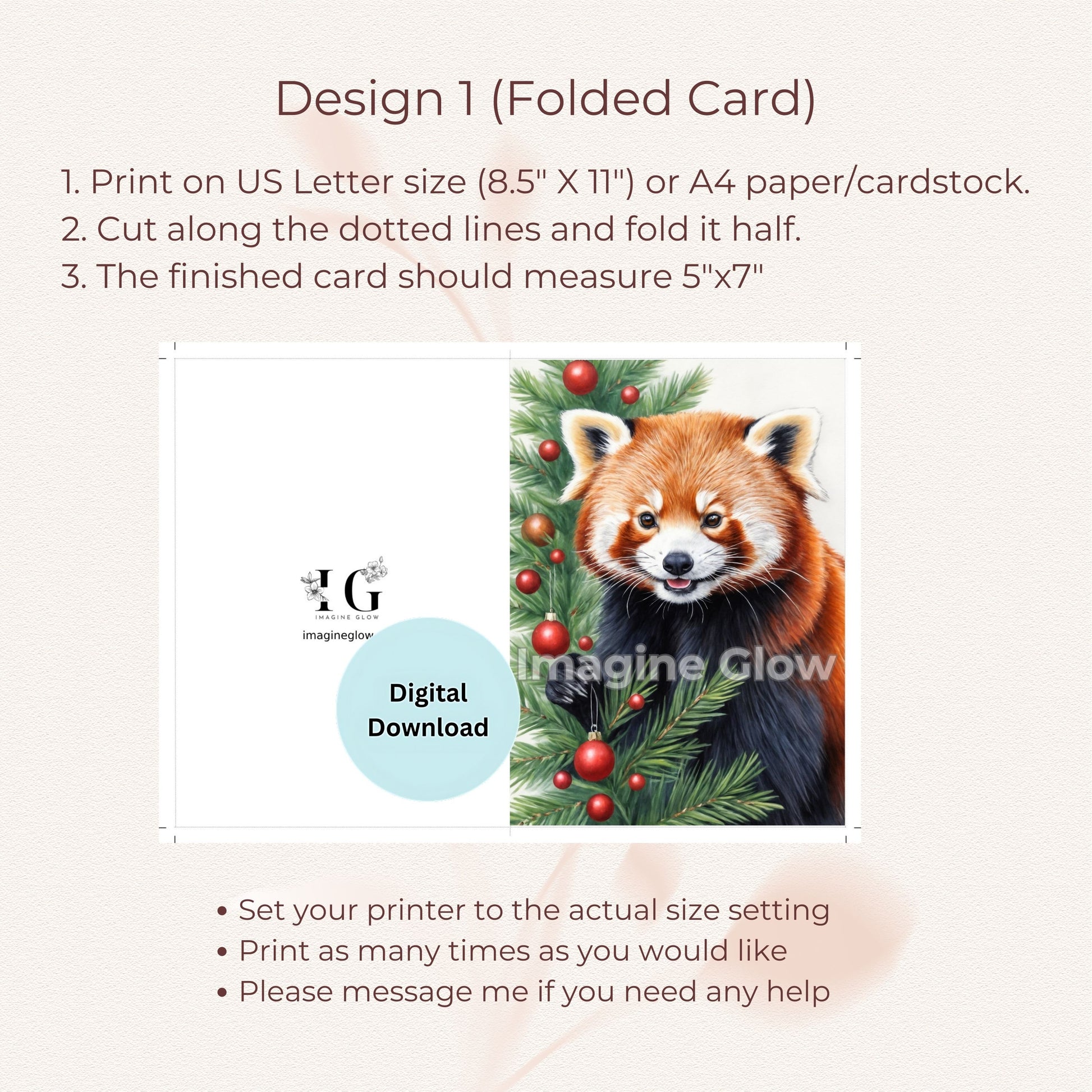Red Panda Holiday Card - Printable Christmas Animal Greeting