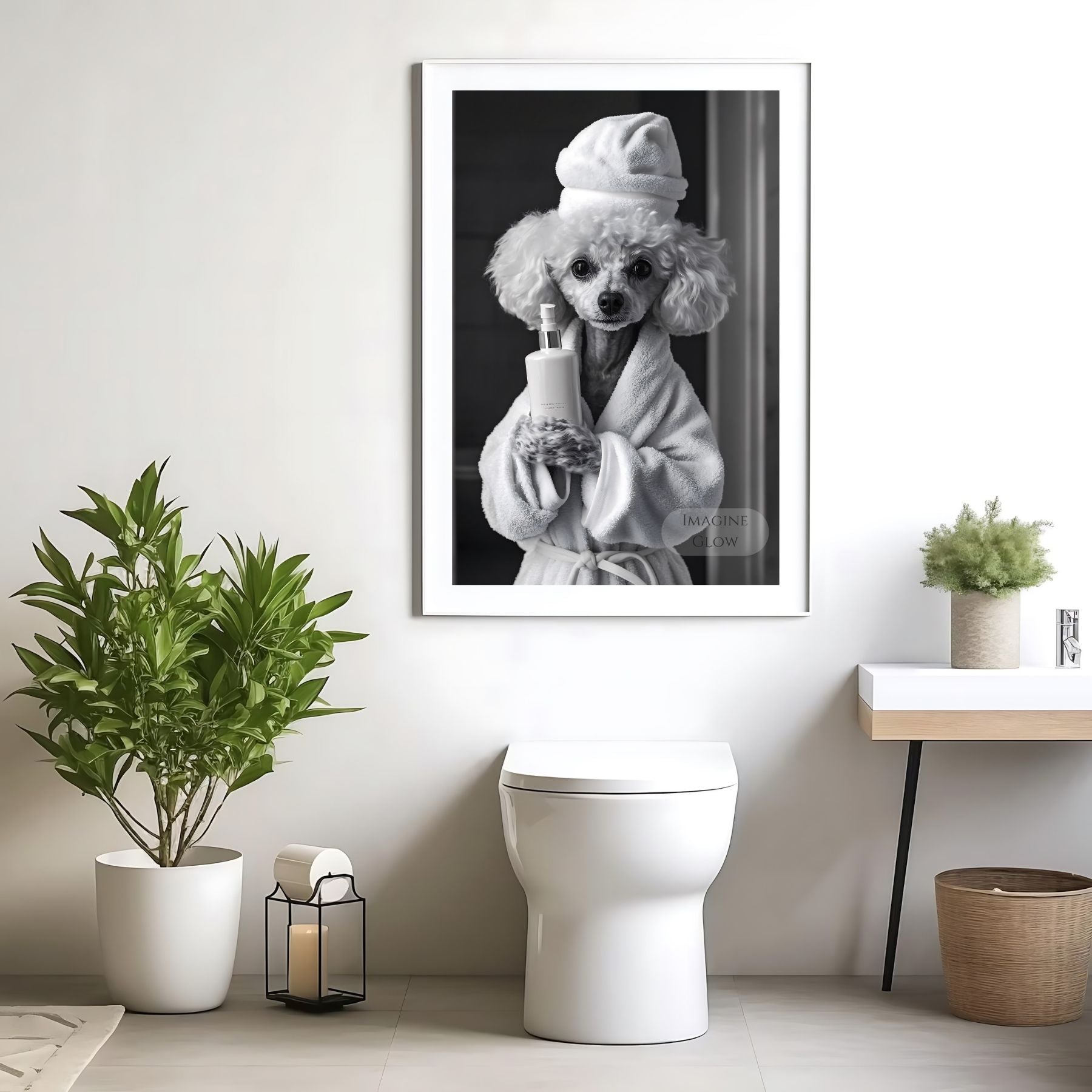 Black and white Poodle poster for powder room decor
