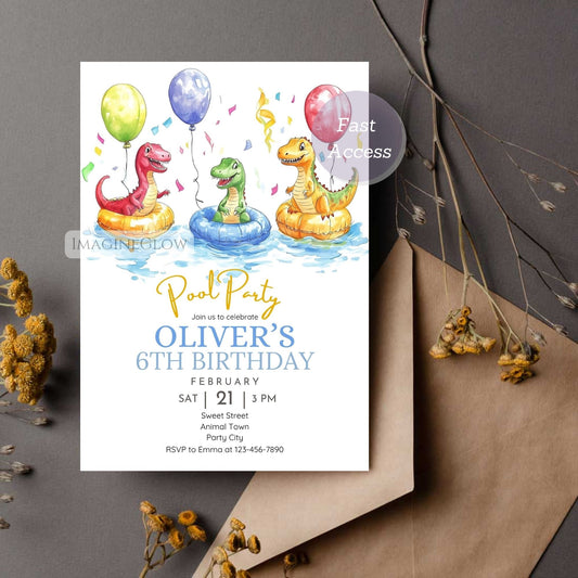 Dinosaur pool party birthday invitation for kids
