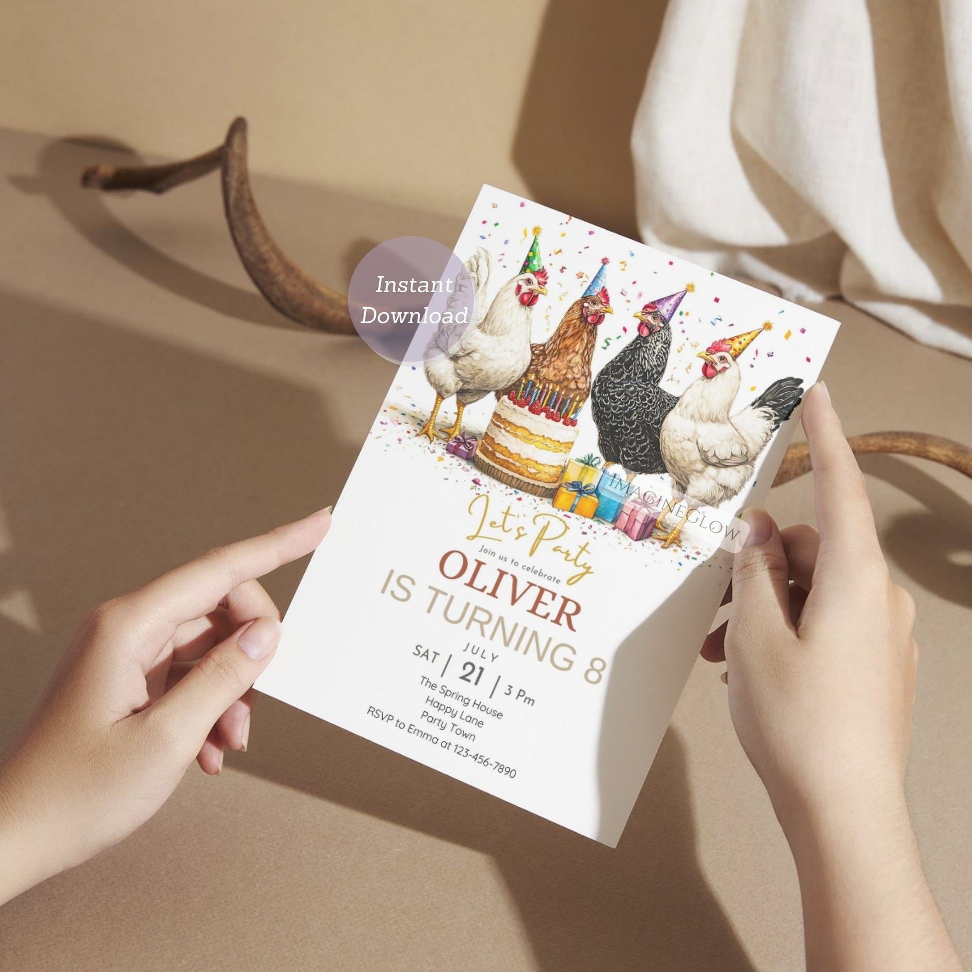 Chicken and barn illustration party invitation