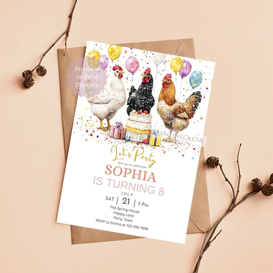 Chicken birthday invitation with hens and roosters
