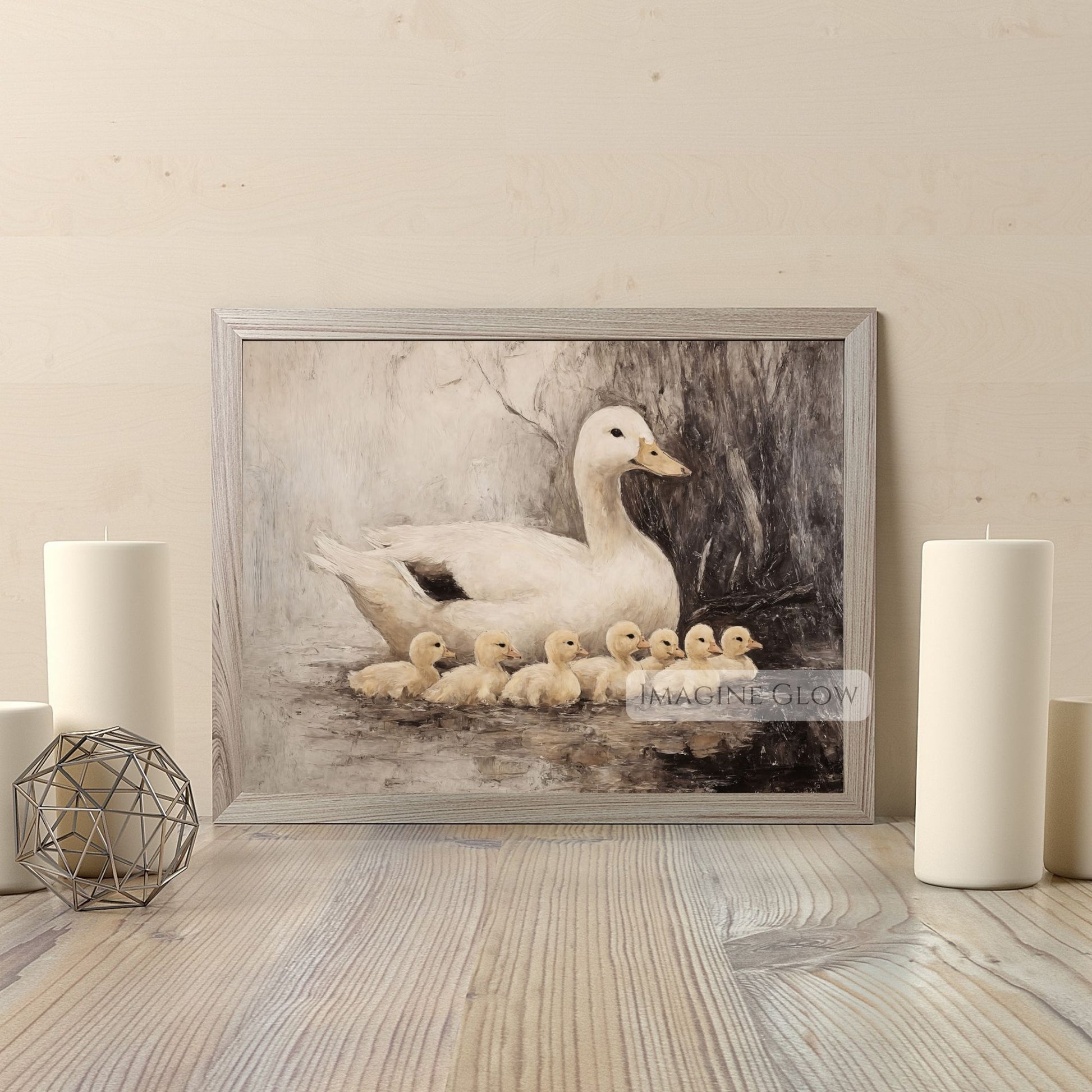 Rustic pond scene with ducks and ducklings