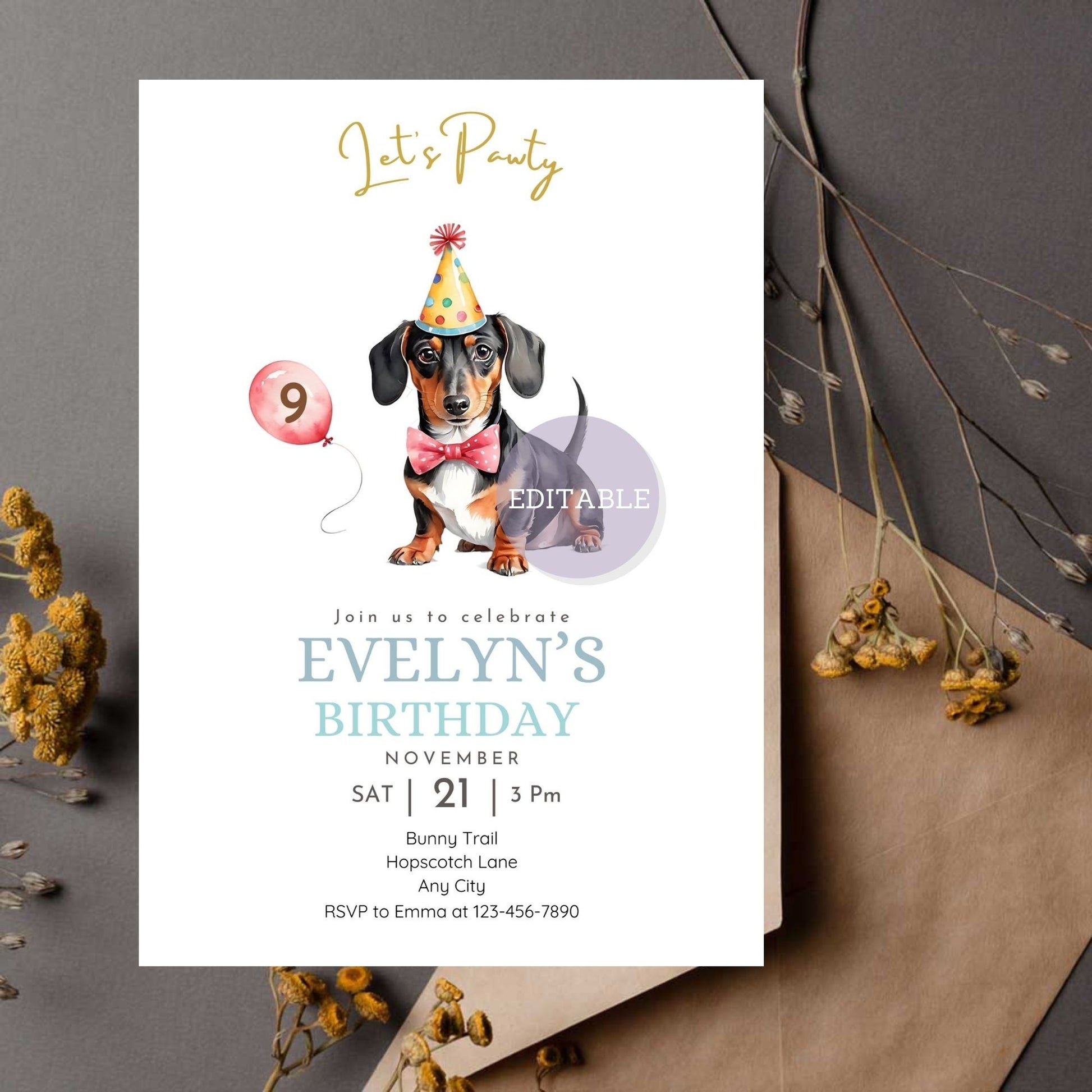 Sausage dog birthday invitation editable
