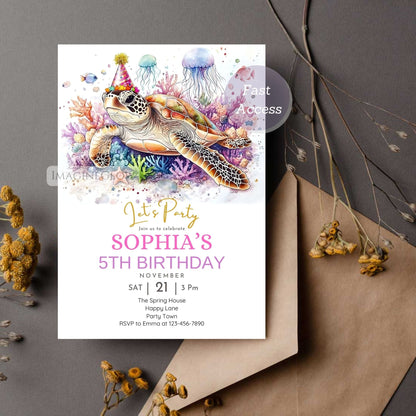 Under the sea party invitation with turtle