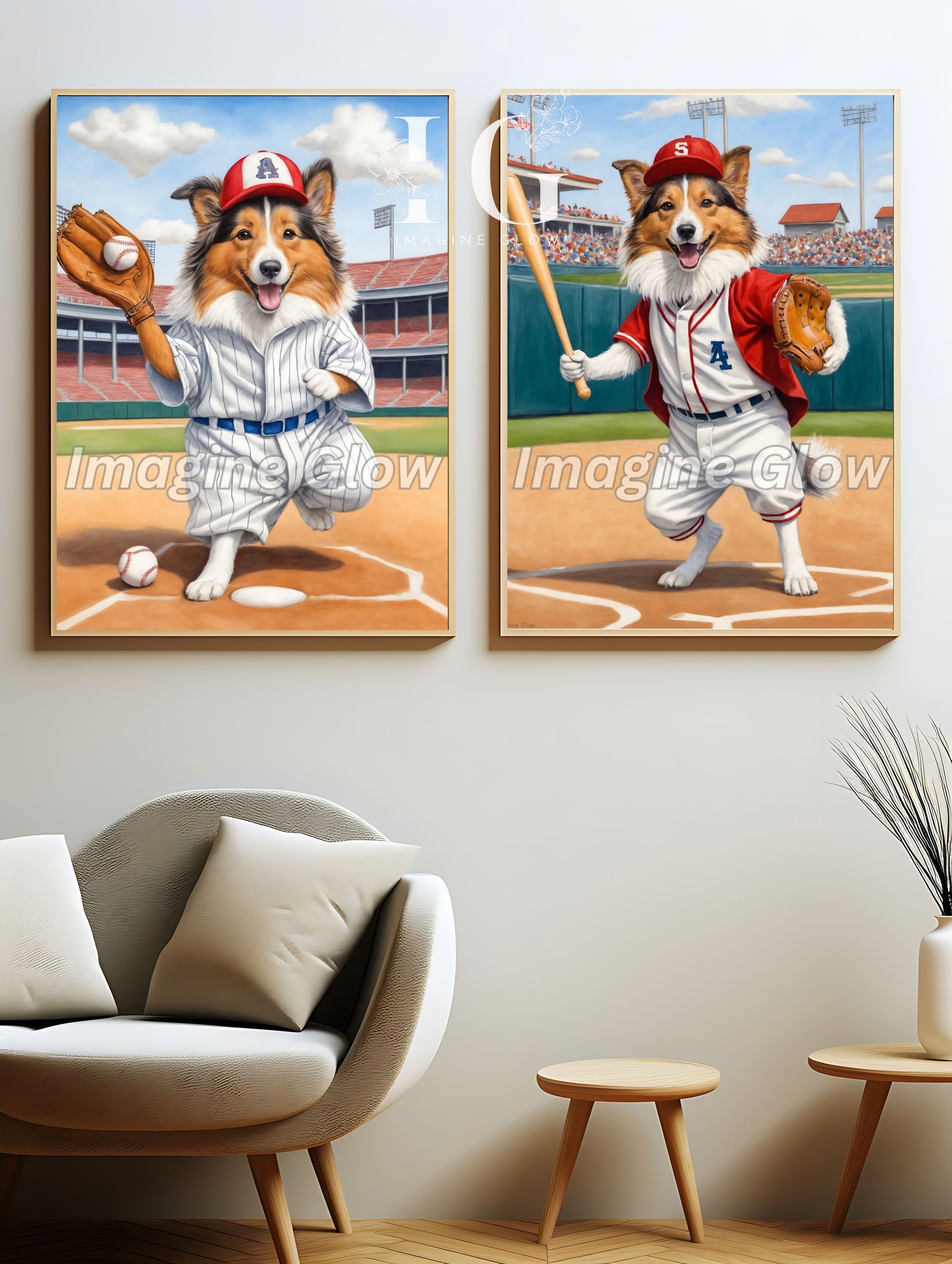 Sheltie dog baseball art print with sports background."