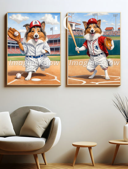 Sheltie dog baseball art print with sports background."
